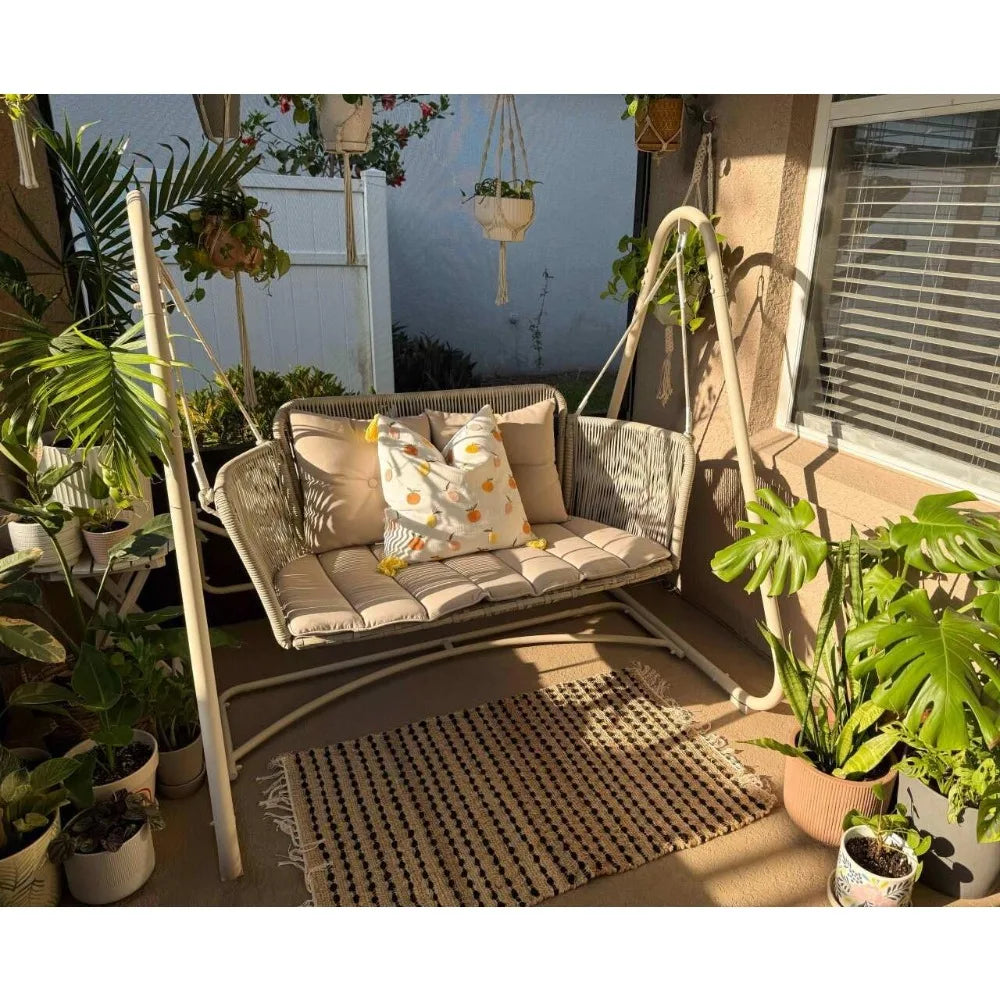 2-Seat Cloud Swing Chair with Stand Patio Wicker Bench Glider Loveseat Hanging Swinging for Indoor Outside Backyard Garden Outd