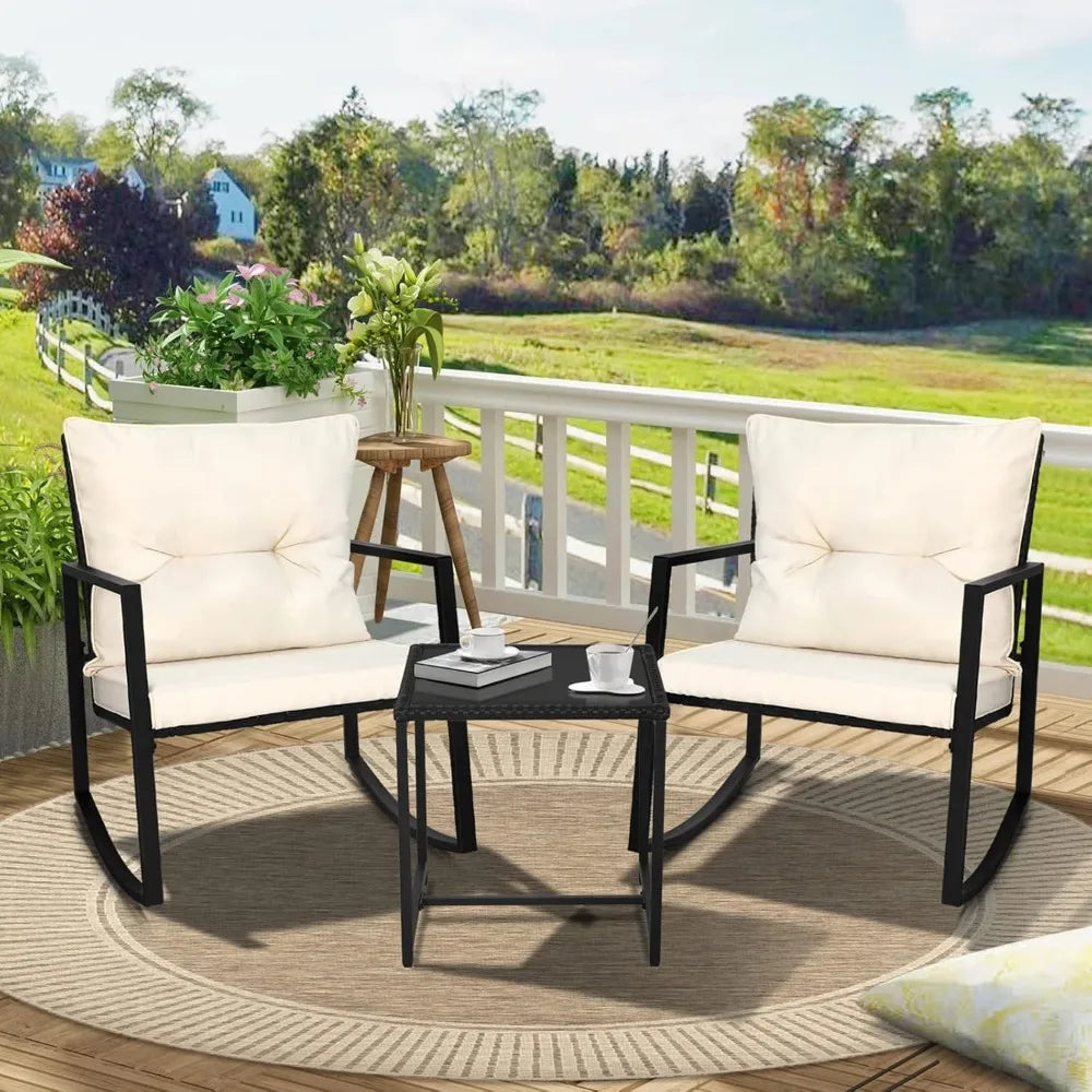 3 Piece Outdoor Rocking Bistro Set Black Wicker Furniture Porch Chairs Conversation Sets with Glass Coffee Table