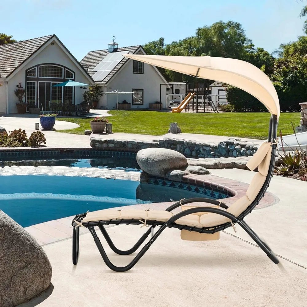 Outdoor Steel Chaise Lounge Chair with Removable Canopy and Cushions, Reclining Chair w/Side Pocket Arc Stand, for Beach