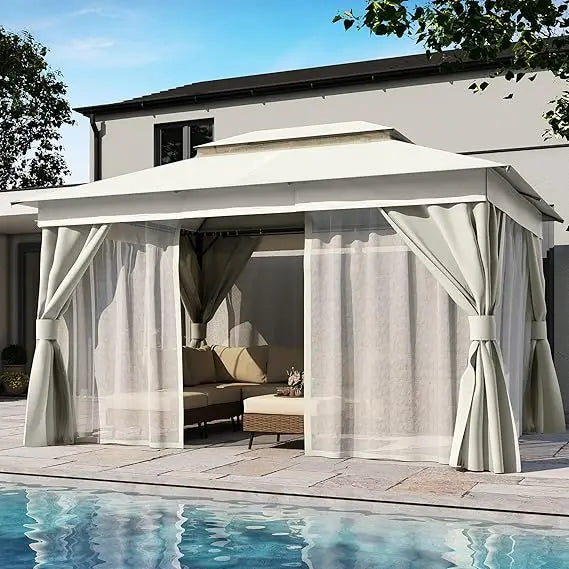 Outdoor Patio Gazebo 10'x13' with Expansion Bolts, Heavy Duty Gazebos Party Tent Shelter with Double Roofs, Mosquito Nets and P