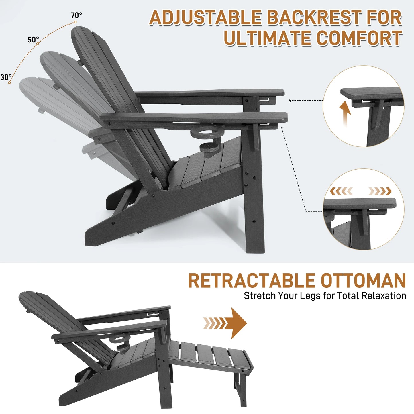 3 Level Adjustable Adirondack Chair with Retractable Ottoman, HDPE All-Weather Fire Pit Chair with Cup Holders, Outdoor Chair