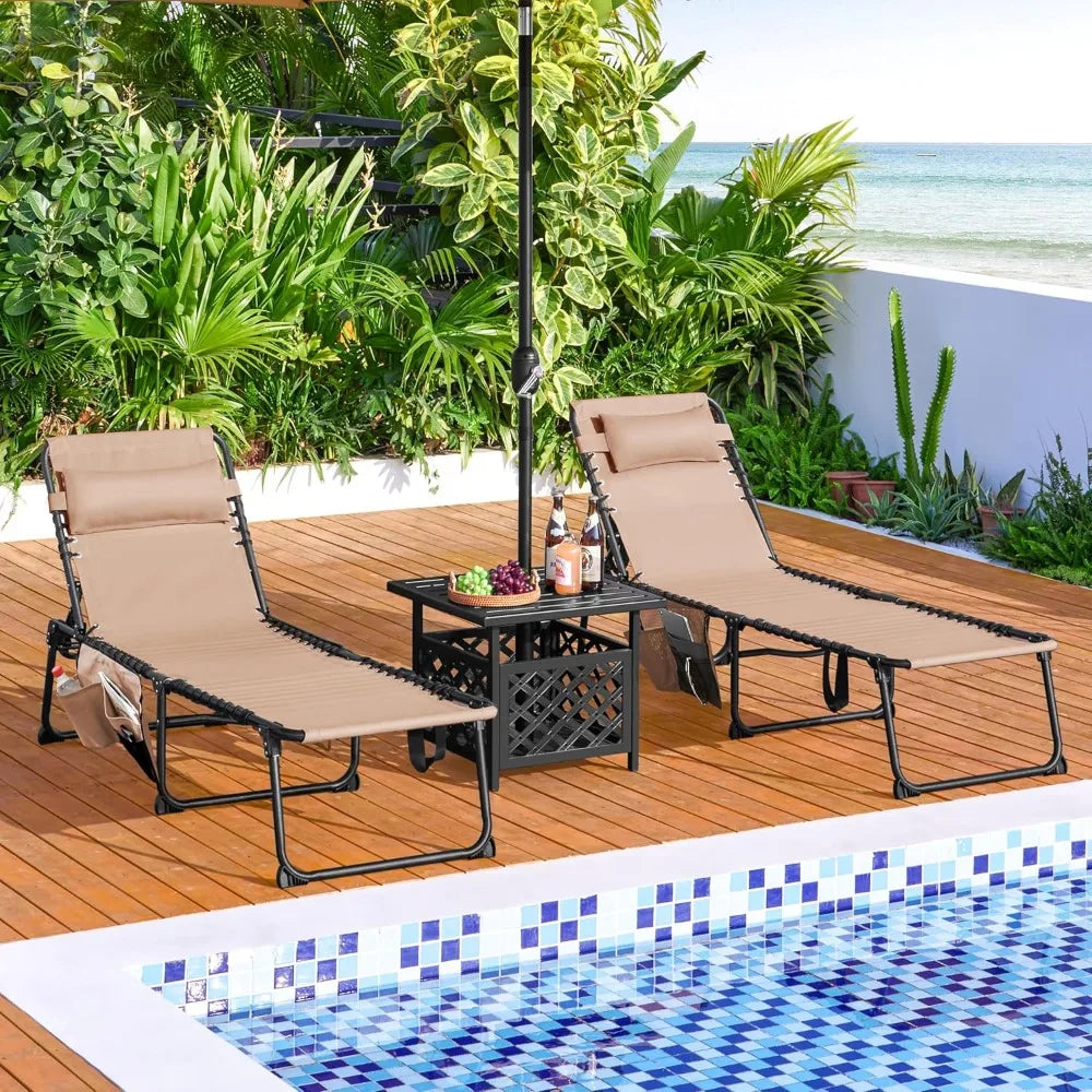 22.4" Outdoor Folding Tanning Chair, Chaise Lounge Chairs with 5 Back Position Adjustable, Extended Portable Lounger for Beach,