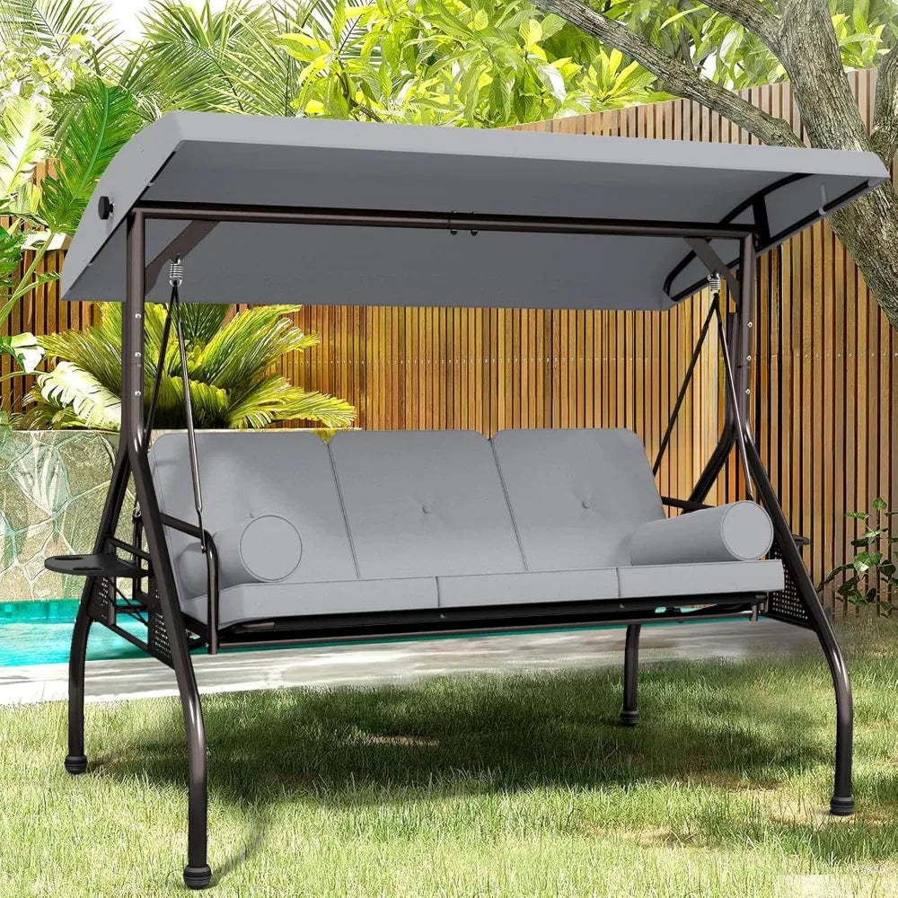 3-Seat Patio Swing Chair, Outdoor Porch Swing with Cushions,Pillows & Cup Holders, Adjustable Canopy Outside Bench Swing for Ba
