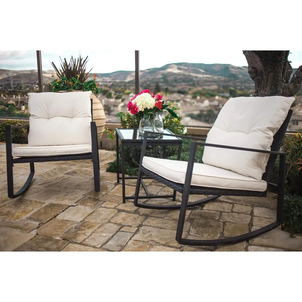 3 Piece Outdoor Rocking Bistro Set Black Wicker Furniture Porch Chairs Conversation Sets with Glass Coffee Table