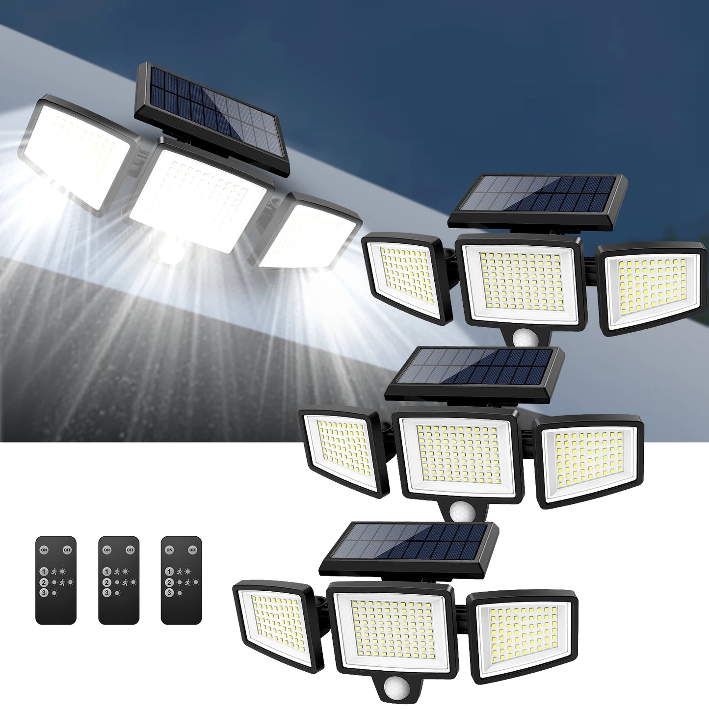 IP65Waterproof Triple Head Outdoor Solar Light, 210LED 2500LM Motion Sensor Safety Light for Porch, Garage, Yard Entrance, Patio