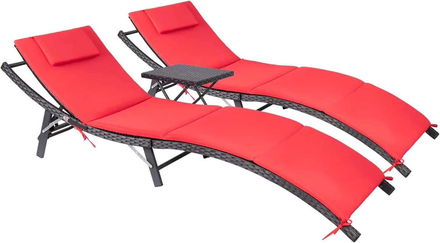Patio Chaise Lounge Sets Outdoor Rattan Adjustable Back Cushioned Patio Folding Chaise Lounge with Folding Table