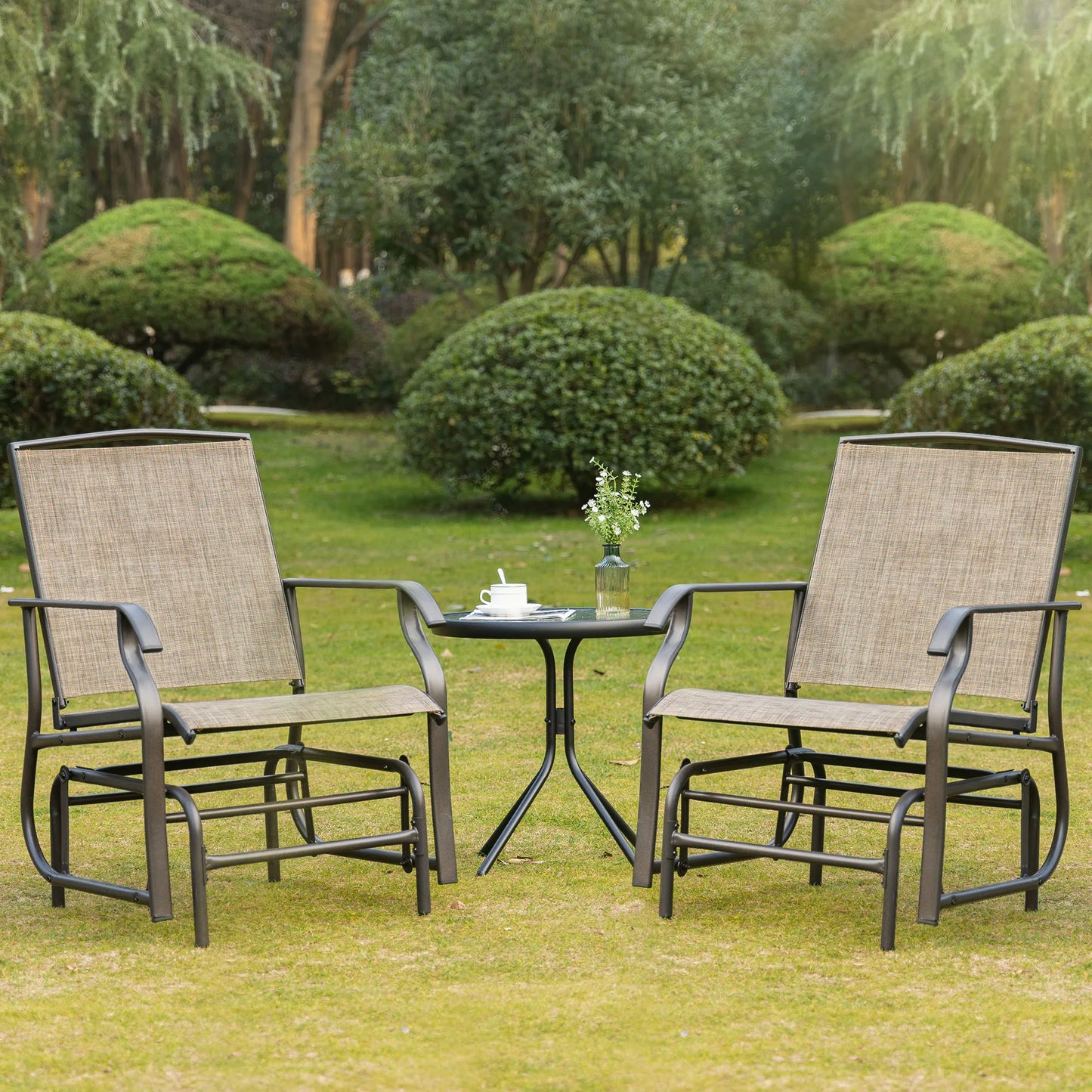 2Pc Outdoor Glider Chair Set, Rocking Armchairs, Patio Swing Furniture, Khaki