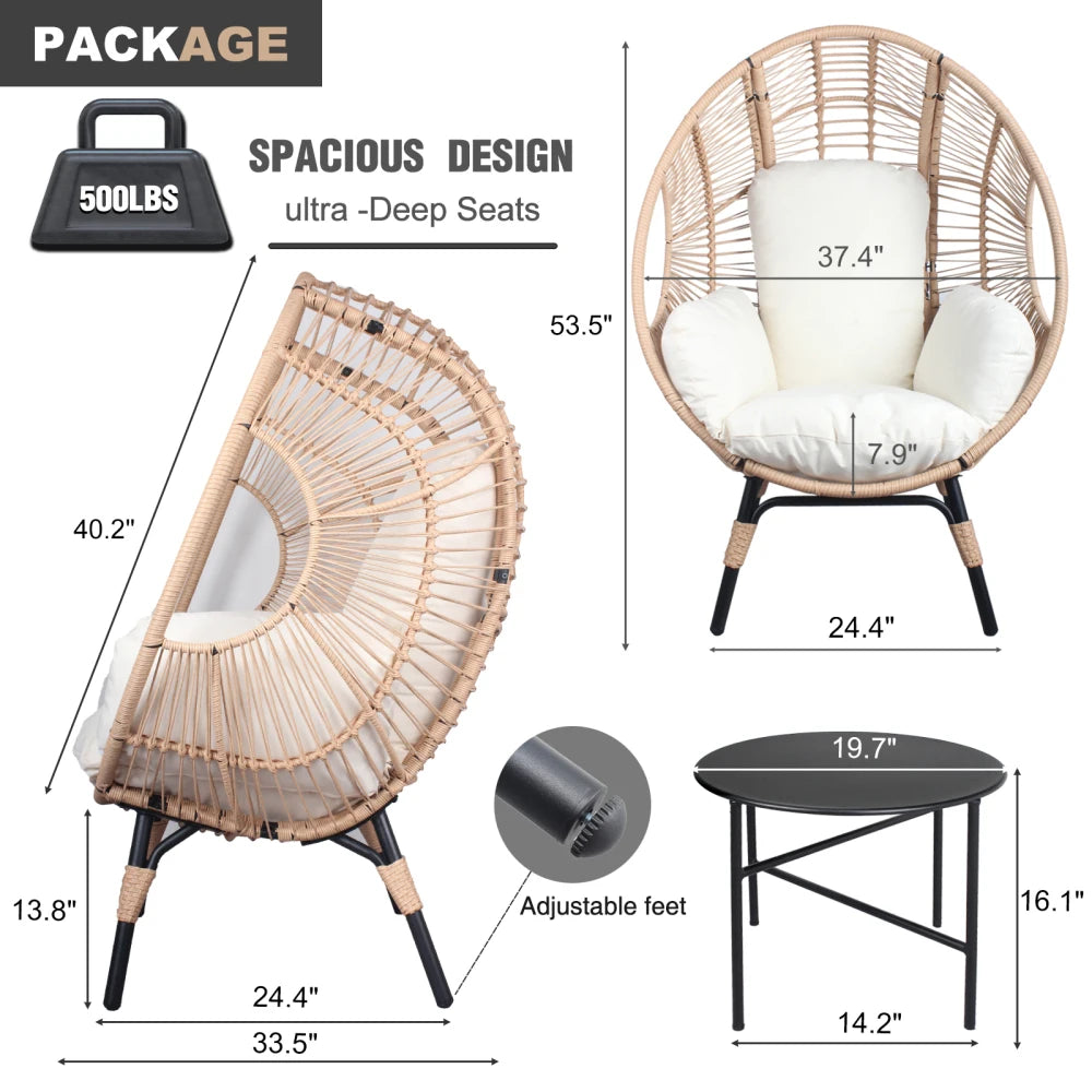 Patio PE Wicker Egg Chair Model 3 with Natural Color Rattan Beige Cushion and Side Table