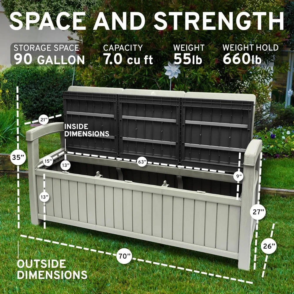 3 Seat Outdoor Storage Bench - 90 Gallon Capacity - Weatherproof Resin Bench for Patio, Porch, Garden, Yard, Pool Area - Furnit