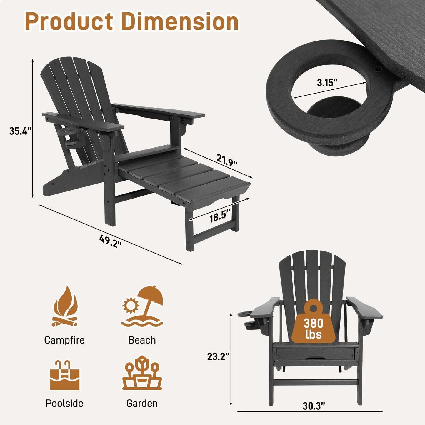 3 Level Adjustable Adirondack Chair with Retractable Ottoman, HDPE All-Weather Fire Pit Chair with Cup Holders, Outdoor Chair
