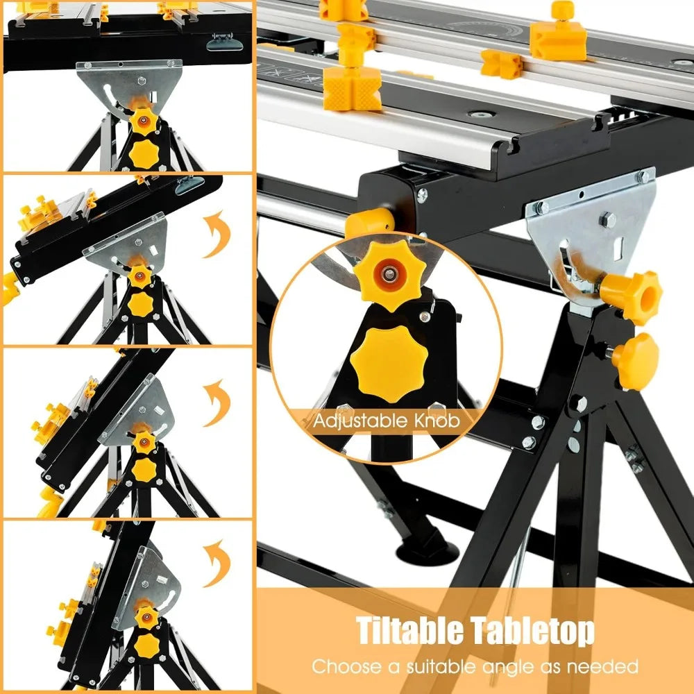 Portable Workbench, Folding Work Table with 7-Level Height Adjustable, 8 Sliding Clamps and Reclining, Folding Workbench and Vi