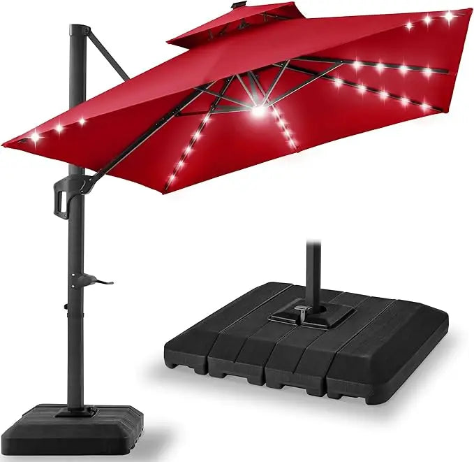 10x10ft Cantilever Patio Umbrella w/Base Included, Solar LED Lights 360 Rotation Large Offset Hanging Outdoor Shade for Deck Po