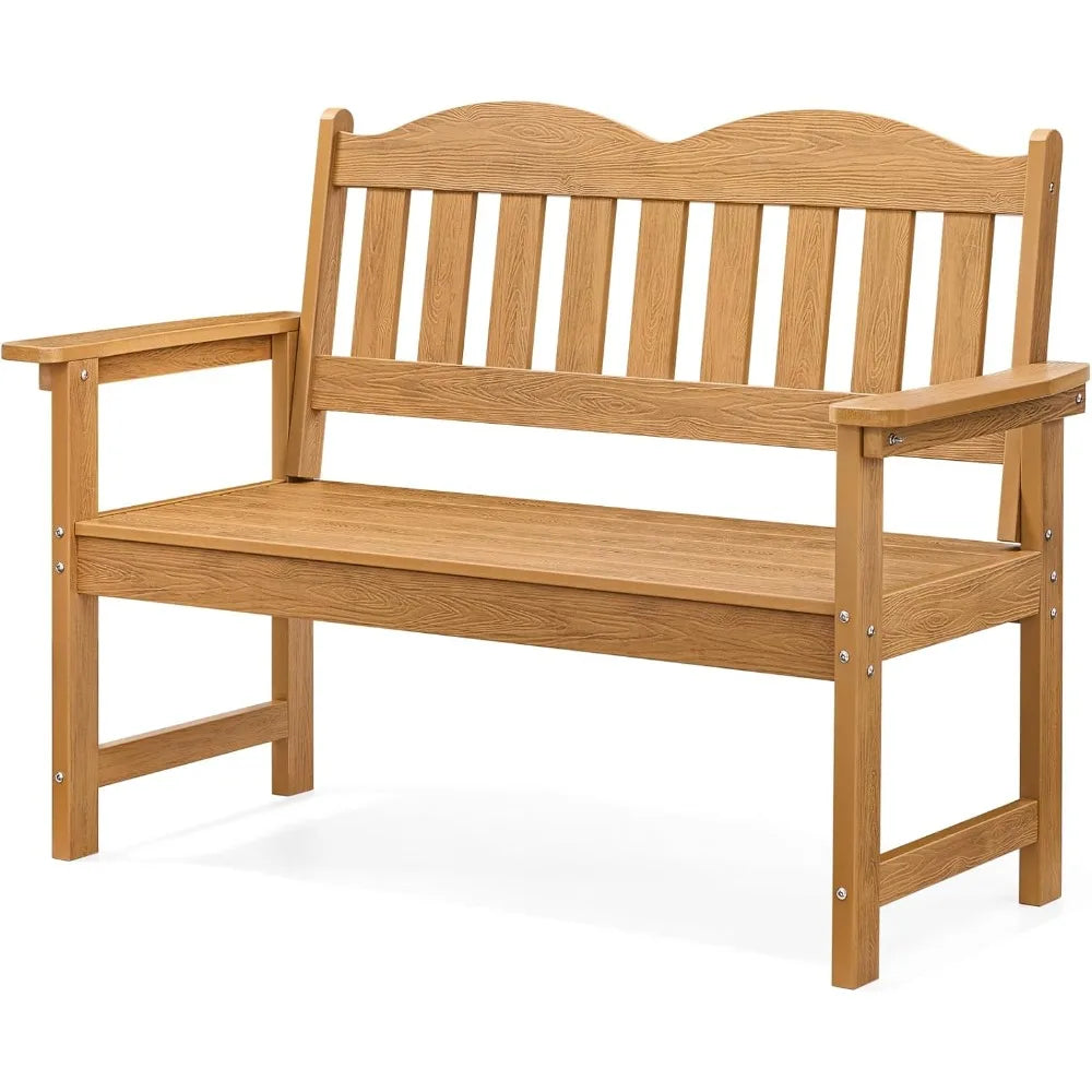 Outdoor Bench, 2-Person Poly Lumber Garden Bench with 800 lbs Weight Capacity, All-Weather Patio Bench with Armrests and Backres