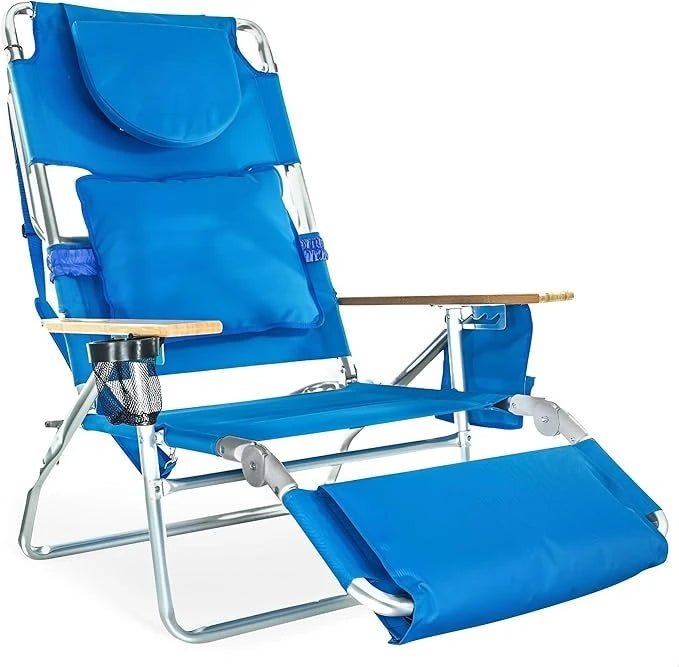 Deluxe Reclining Lounge Chair, 3 in 1 Folding Outdoor Beach Lounger, for Lawn, Pool, Patio, Aqua - Heavy-Duty Portable Chair