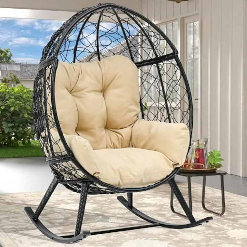 Wicker Rocking Egg Chair, Rattan Rocking Chairs, Indoor/Outdoor Lounger for Patio, Backyard, Living Room, Garden Egg Chair