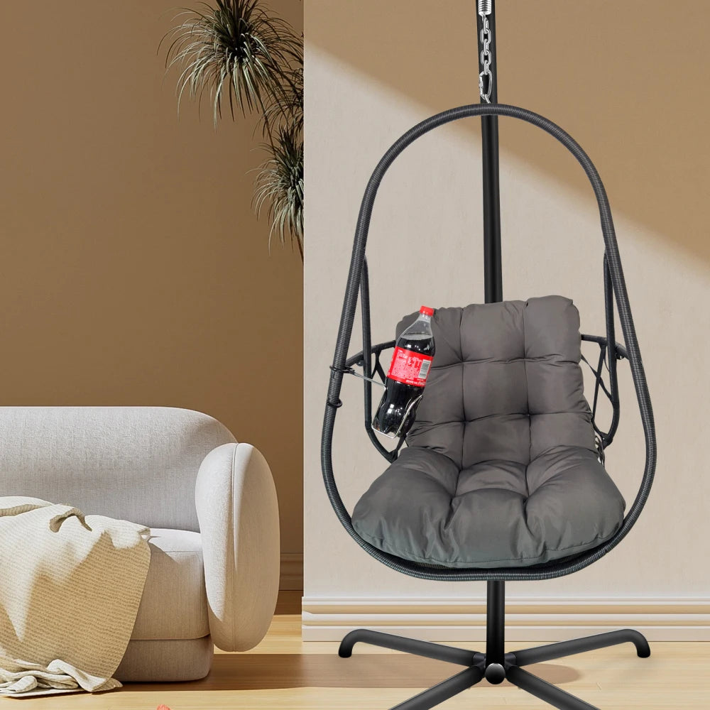 Swing Egg Chair with Stand Indoor Outdoor Wicker Rattan Patio Basket Hanging Chair with C Type bracket , with cushion and pillow