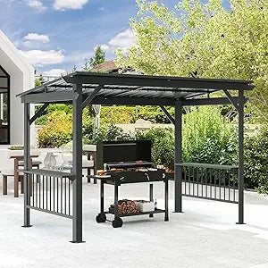 Domi 6.5x12FT Hardtop Grill Gazebo, Outdoor BBQ Gazebo with 2 Side Shelves, Sloping Steel Roof for Permanent Sun Shade with Ceil