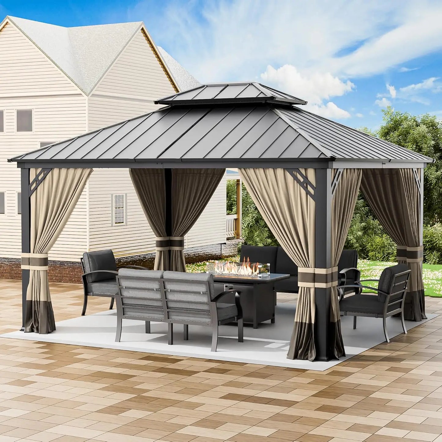 Hardtop Gazebo Outdoor Aluminum Frame Permanent Gazebo Galvanized Steel Double Roof Gazebos with Nettings and