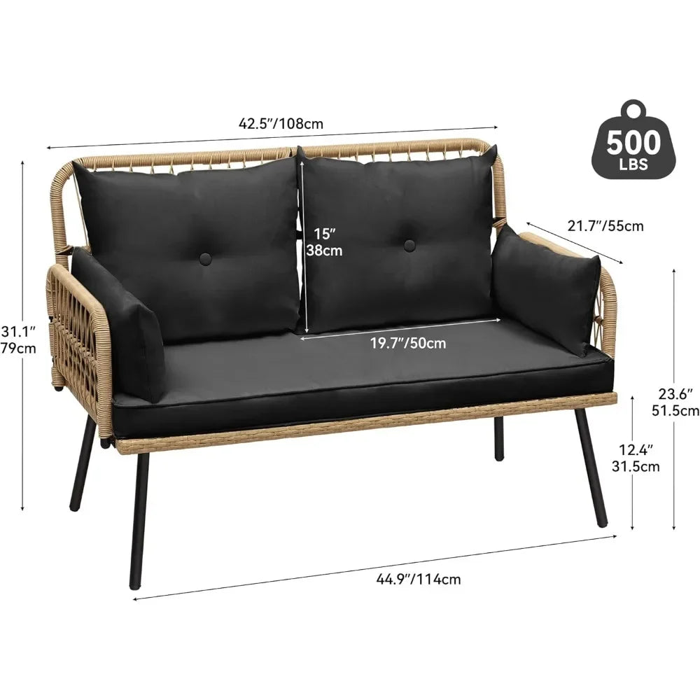 Outdoor chair, Outdoor Rattan Loveseat, Two-Seater Loveseat with Handwoven Rattan and Cushions, Ideal for Backyar, Balcony