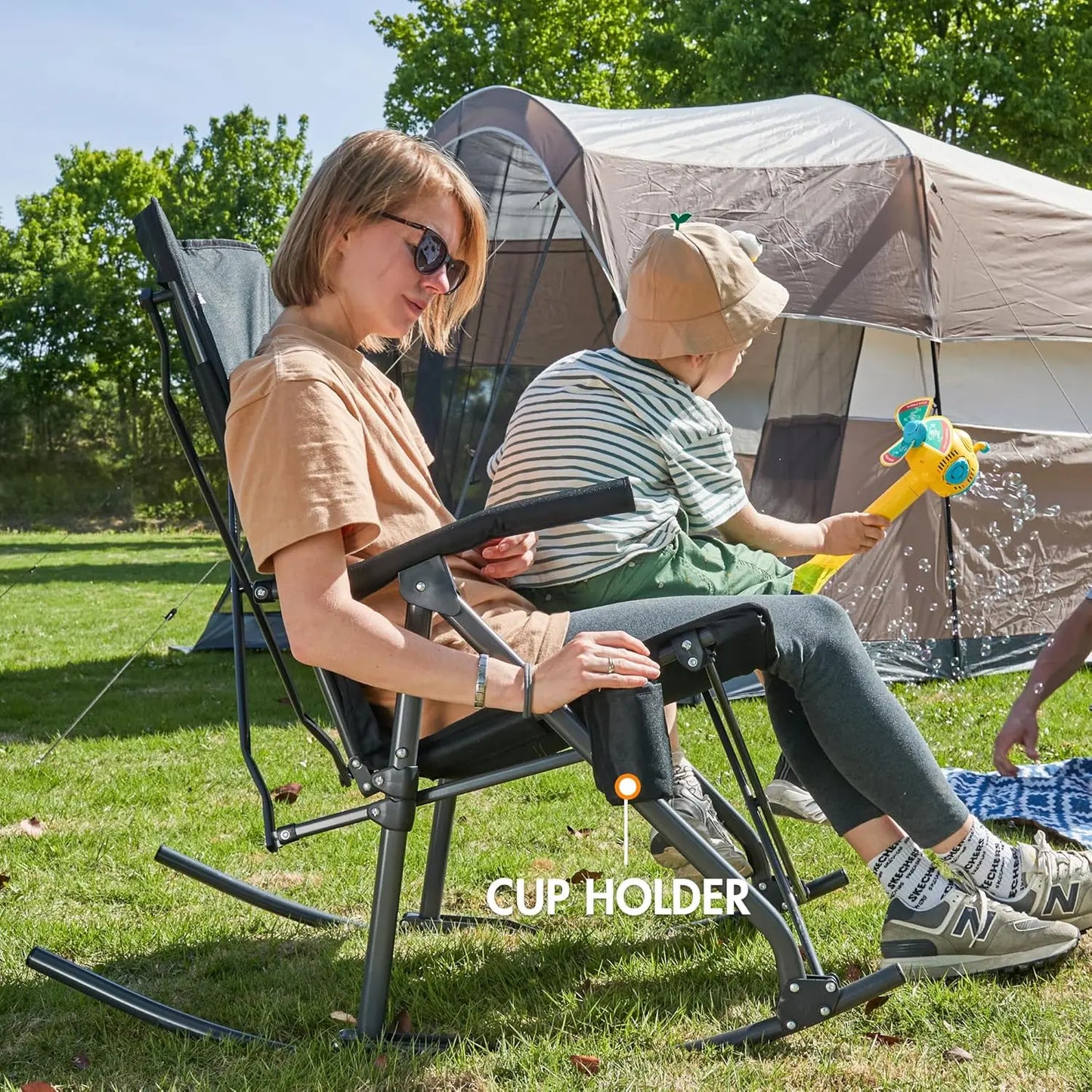 Oversized Folding Rocking Chair. Portable Outdoor Rocker. High Back, Hard Armrests. Carry Bag. Supports 400 lbs. Mesh Back.