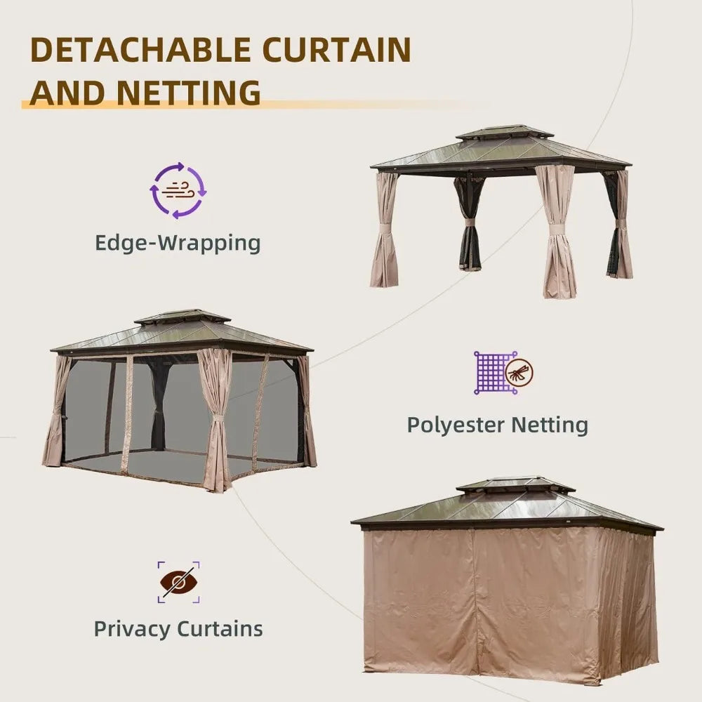 10' X 12' Hardtop Gazebo with Polycarbonate Double Roof, Aluminum Frame, Curtains & Netting, All-Weather Backyard