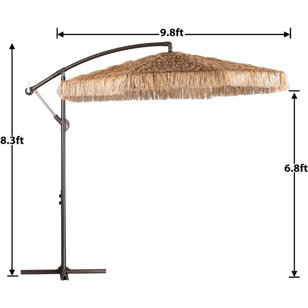 No Base Cantilever Tiki Thatch Patio Umbrella, Hand-Push Tilt Offset Umbrella for Outdoor, Poolside, Backyard
