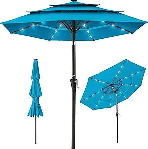 10ft 3-Tier Solar Patio Umbrella, Outdoor Market Sun Shade for Backyard, Deck, Poolside w/ 24 LED Lights, Tilt Adjustment, Easy