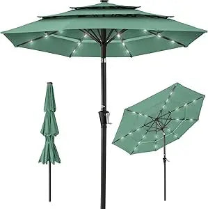 10ft 3-Tier Solar Patio Umbrella, Outdoor Market Sun Shade for Backyard, Deck, Poolside w/ 24 LED Lights, Tilt Adjustment, Easy