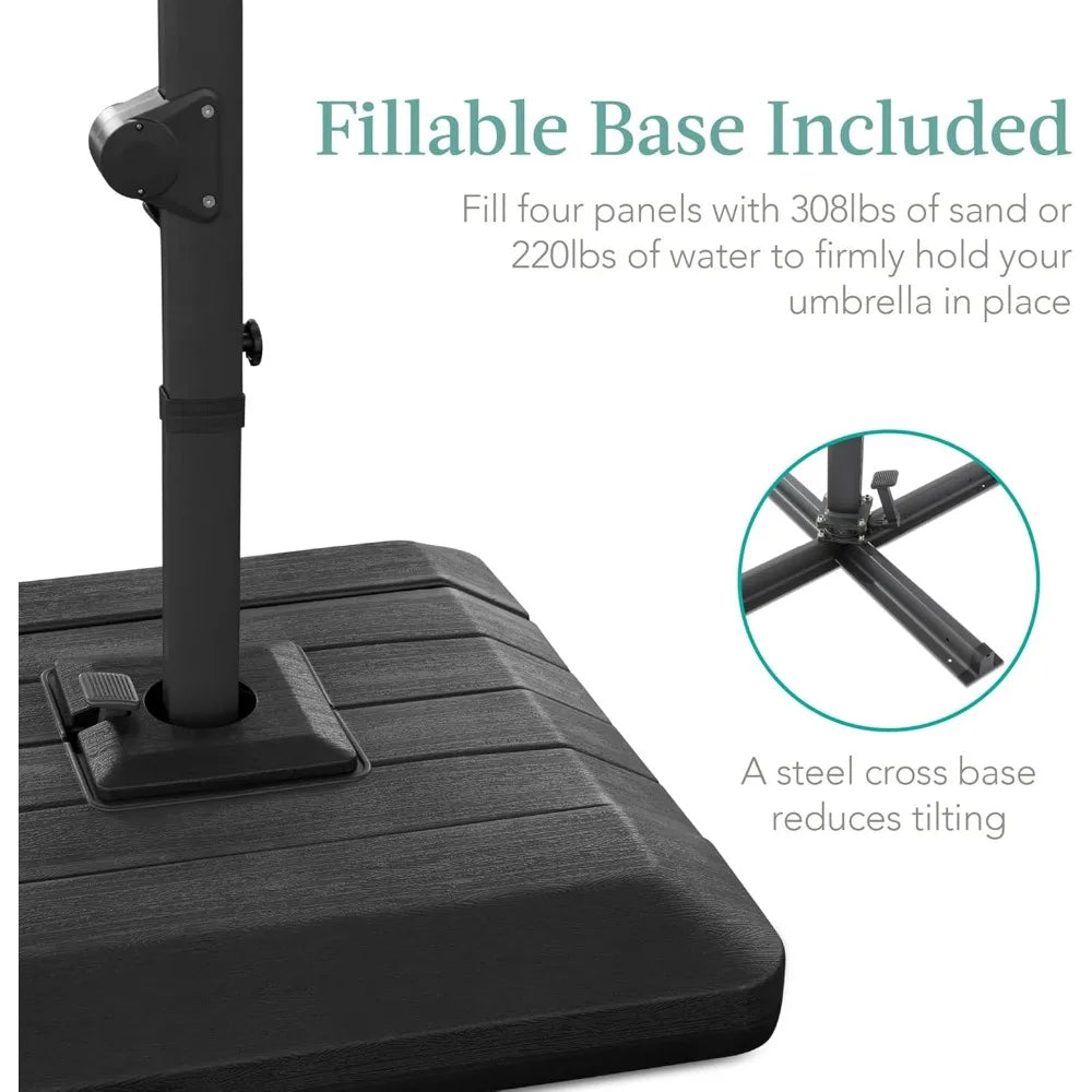 10x10ft Cantilever Patio Umbrella w/Base Included, Solar LED Lights 360 Rotation Large Offset Hanging Outdoor Shade for Deck Po