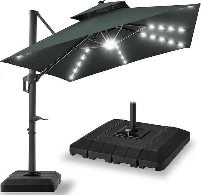 10x10ft Cantilever Patio Umbrella w/Base Included, Solar LED Lights 360 Rotation Large Offset Hanging Outdoor Shade for Deck Po