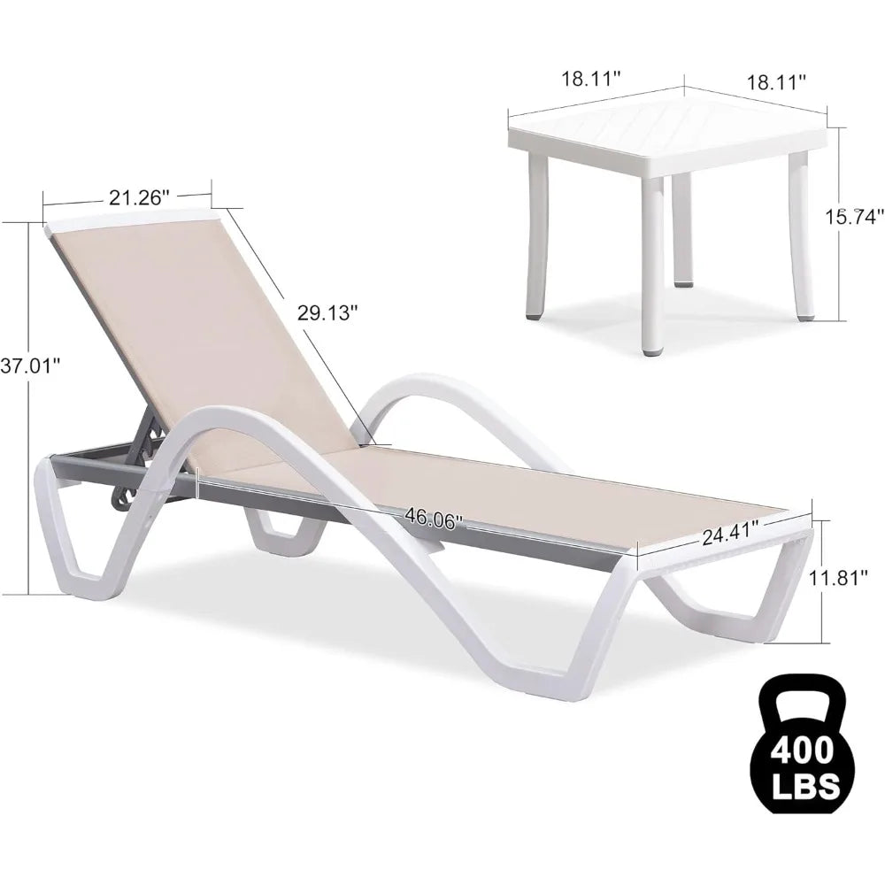 Patio Chaise Lounge Chair Set Outside Aluminum Plastic Stackable Tanning Chairs with Armrests and Side Table for Pool Sunbathin
