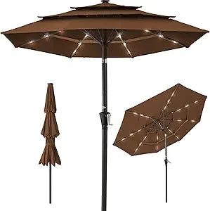 10ft 3-Tier Solar Patio Umbrella, Outdoor Market Sun Shade for Backyard, Deck, Poolside w/ 24 LED Lights, Tilt Adjustment, Easy