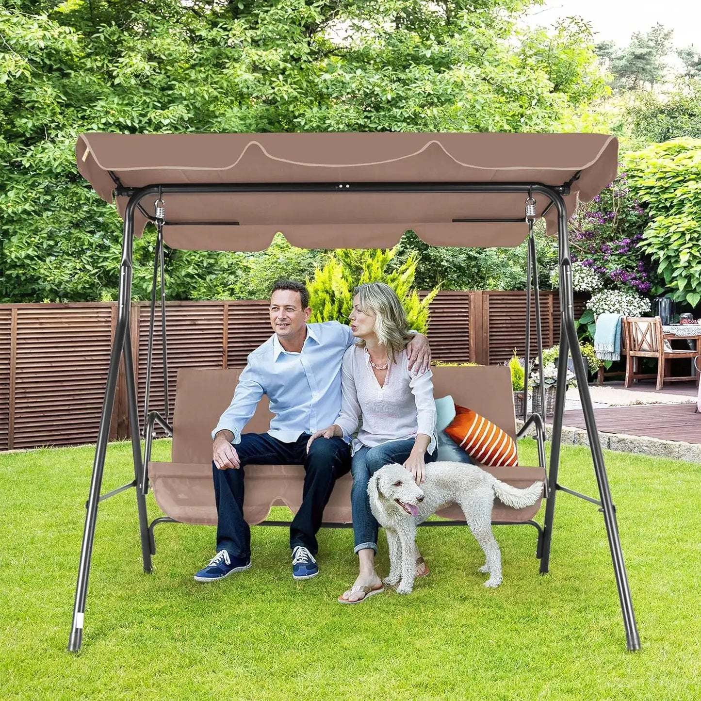 3-Seat Patio Swing Chair with Adjustable Canopy, Outdoor Porch Swing with Durable Steel Frame for Patio, Garden, Poolside