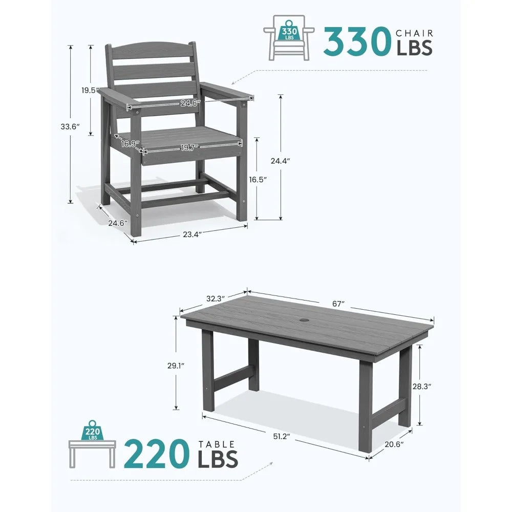 Outdoor HDPE Dining Table Set, 7-Piece Outdoor Dining Table Sets with Umbrella Hole Cut-Out Table and 6 Chairs, Gray