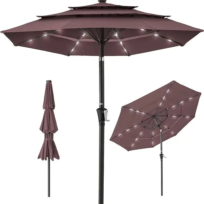 10ft 3-Tier Solar Patio Umbrella, Outdoor Market Sun Shade for Backyard, Deck, Poolside w/ 24 LED Lights, Tilt Adjustment, Easy