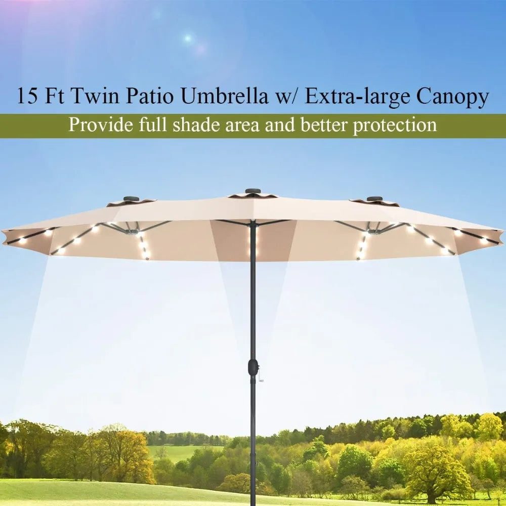 15 Ft Double Sided Patio Umbrella with Solar Lights, Extra Large Rectangle Outdoor Umbrella with 36 LED Lights & Crank Handle f