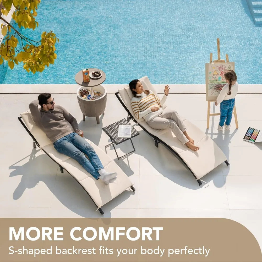 Patio Chaise Lounge Sets Outdoor Rattan Adjustable Back Cushioned Patio Folding Chaise Lounge with Folding Table