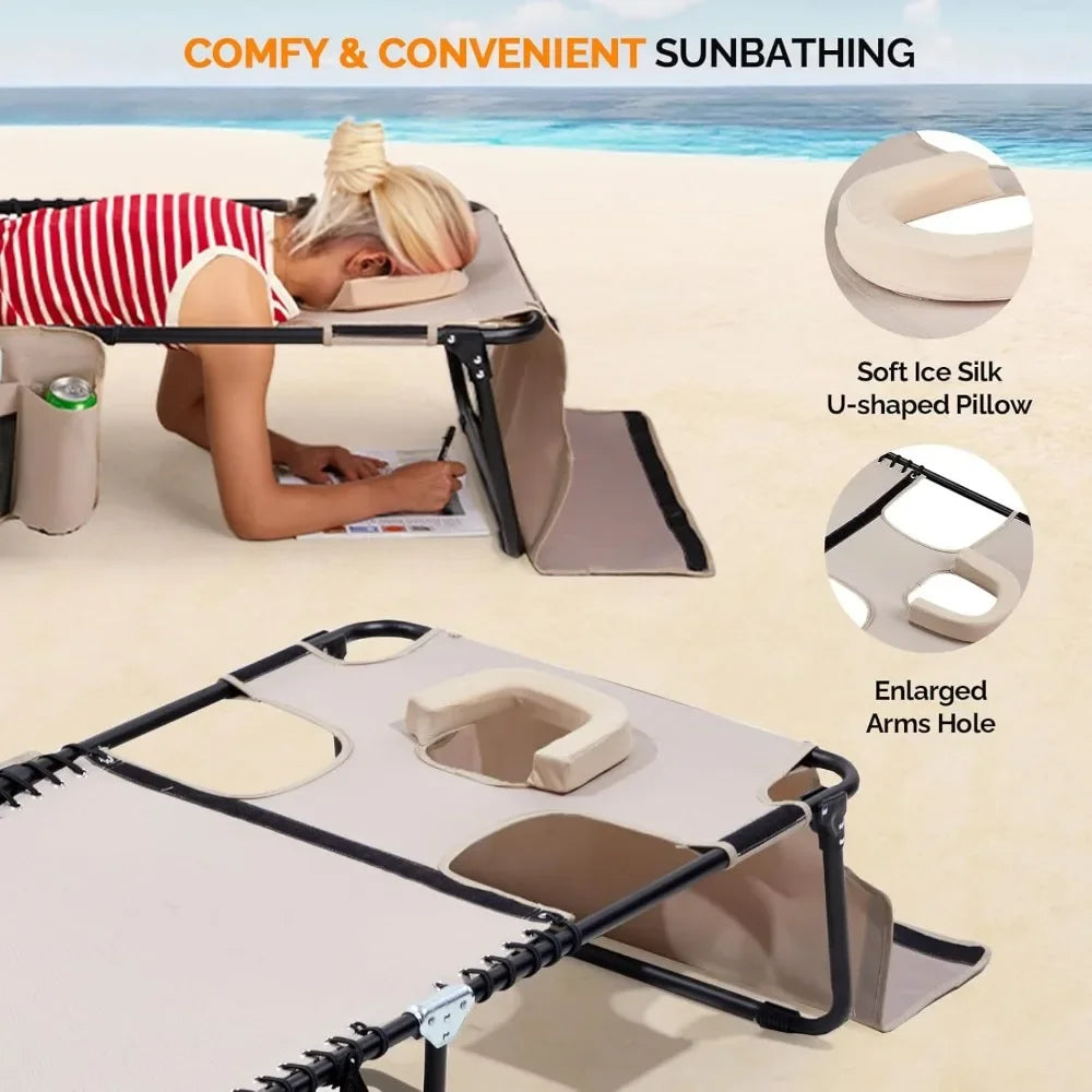 Oversized Tanning Chair with Face Hole & Carrying Bag, Beach Lounge Chair Outdoor for Adults, Folding Lounge Chair