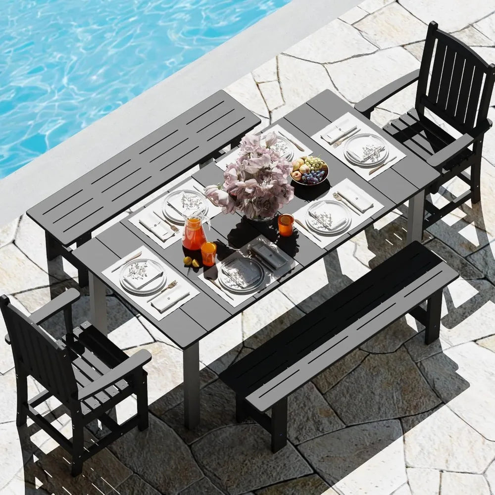 5-Piece HDPE Outdoor Dining Set with 2 Chairs and 2 Benches, Rectangular Patio Dining Furniture Set of 6, Modern Dining Table