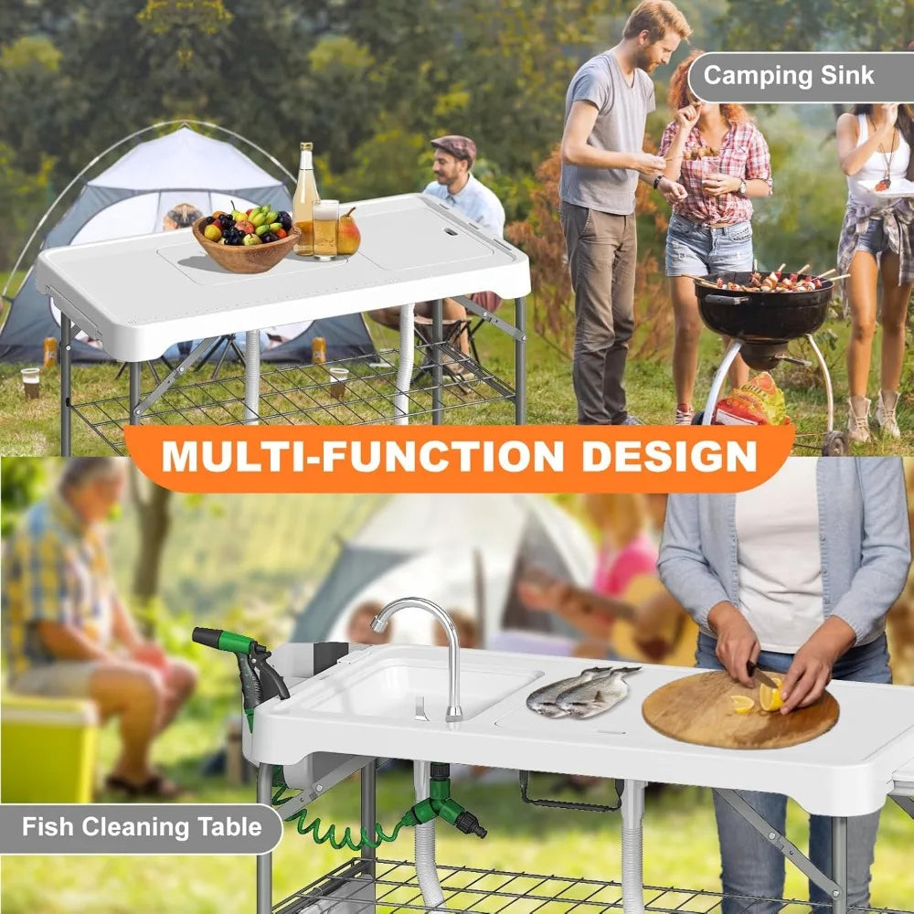 42.5" Fish Cleaning Table with Sink – Portable Outdoor Sink Station for Camping, Fishing, and Picnics Folding Camping Sink