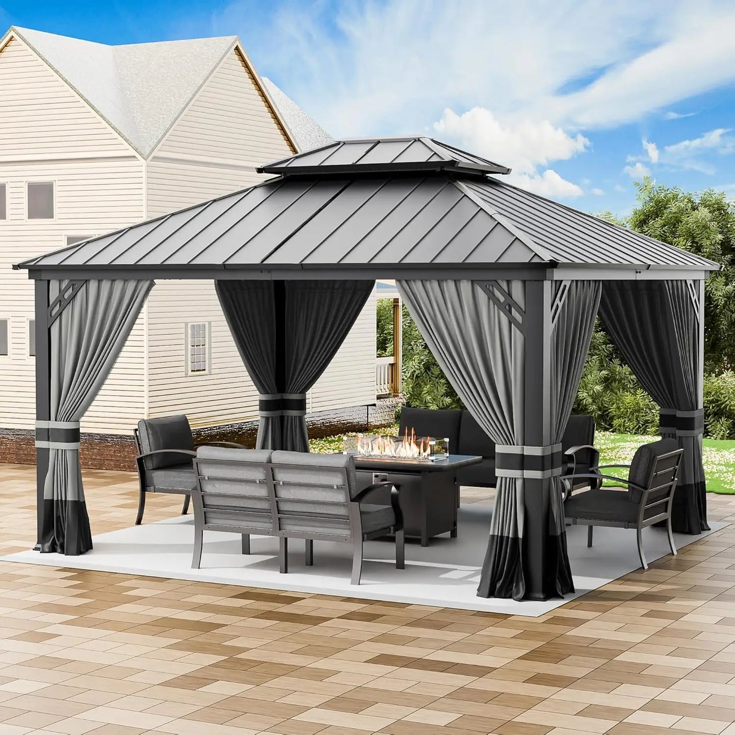 Hardtop Gazebo Outdoor Aluminum Frame Permanent Gazebo Galvanized Steel Double Roof Gazebos with Nettings and