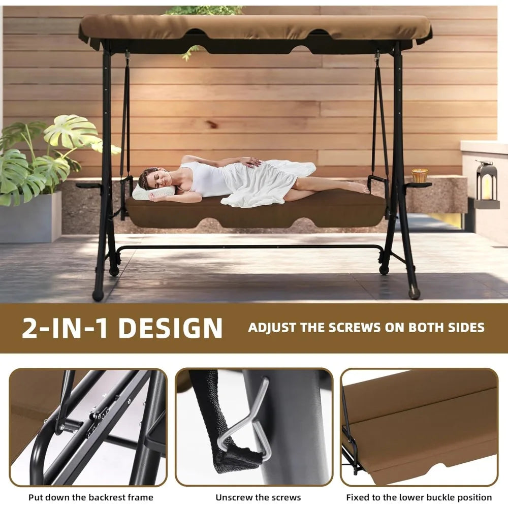 Swing with Canopy, Outdoor Porch Swing with Stand for Adults, Glider Swings for Outdoors with 2 Side Table