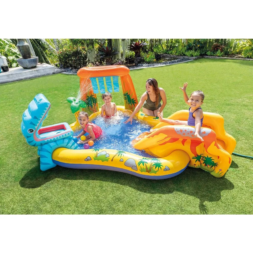 Inflatable Dinosaur Play Center Outdoor Playhouse Inflatable Water Park with Kid Pool Slide, Water Sprayer, Waterfall