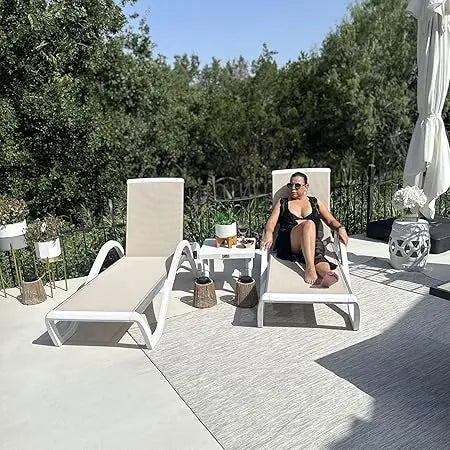 Patio Chaise Lounge Chair Set Outside Aluminum Plastic Stackable Tanning Chairs with Armrests and Side Table for Pool Sunbathin