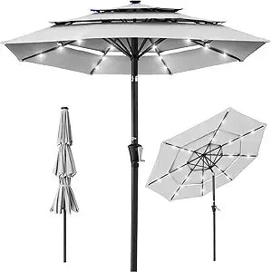 10ft 3-Tier Solar Patio Umbrella, Outdoor Market Sun Shade for Backyard, Deck, Poolside w/ 24 LED Lights, Tilt Adjustment, Easy