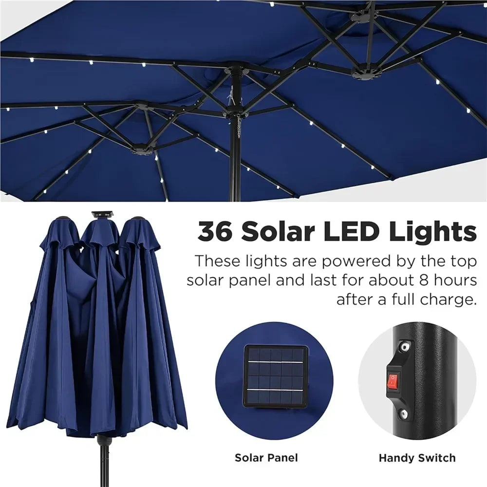 15 ft Large Patio Umbrella with Solar Lights Double-Sided Outdoor Rectangle Market Umbrellas with 36 LED Lights/Base Included