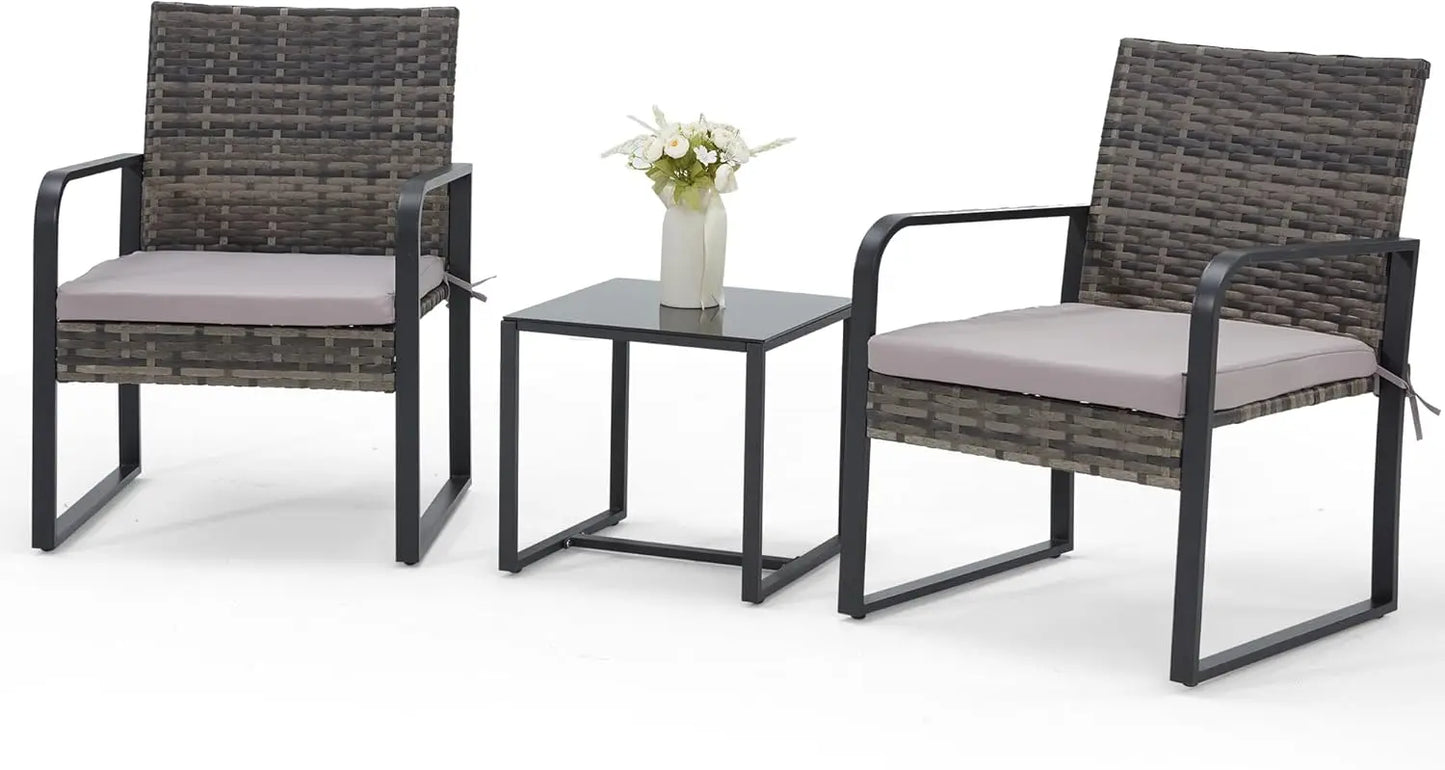 3 Piece Outdoor Patio Furniture Set, Patio Bistro Set Wicker Conversation Set, Modern Rattan Chair with Glass Coffee Table for B