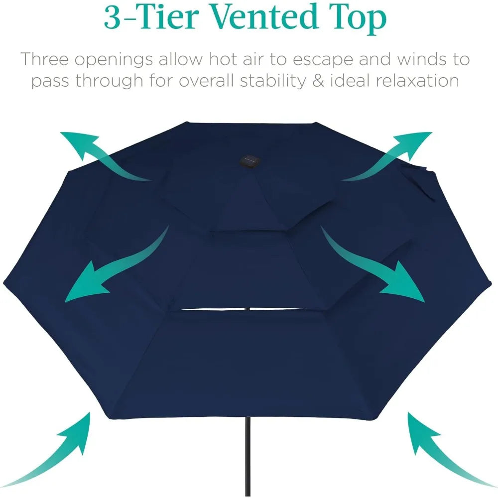 10ft 3-Tier Solar Patio Umbrella, Outdoor Market Sun Shade for Backyard, Deck, Poolside w/ 24 LED Lights, Tilt Adjustment, Easy