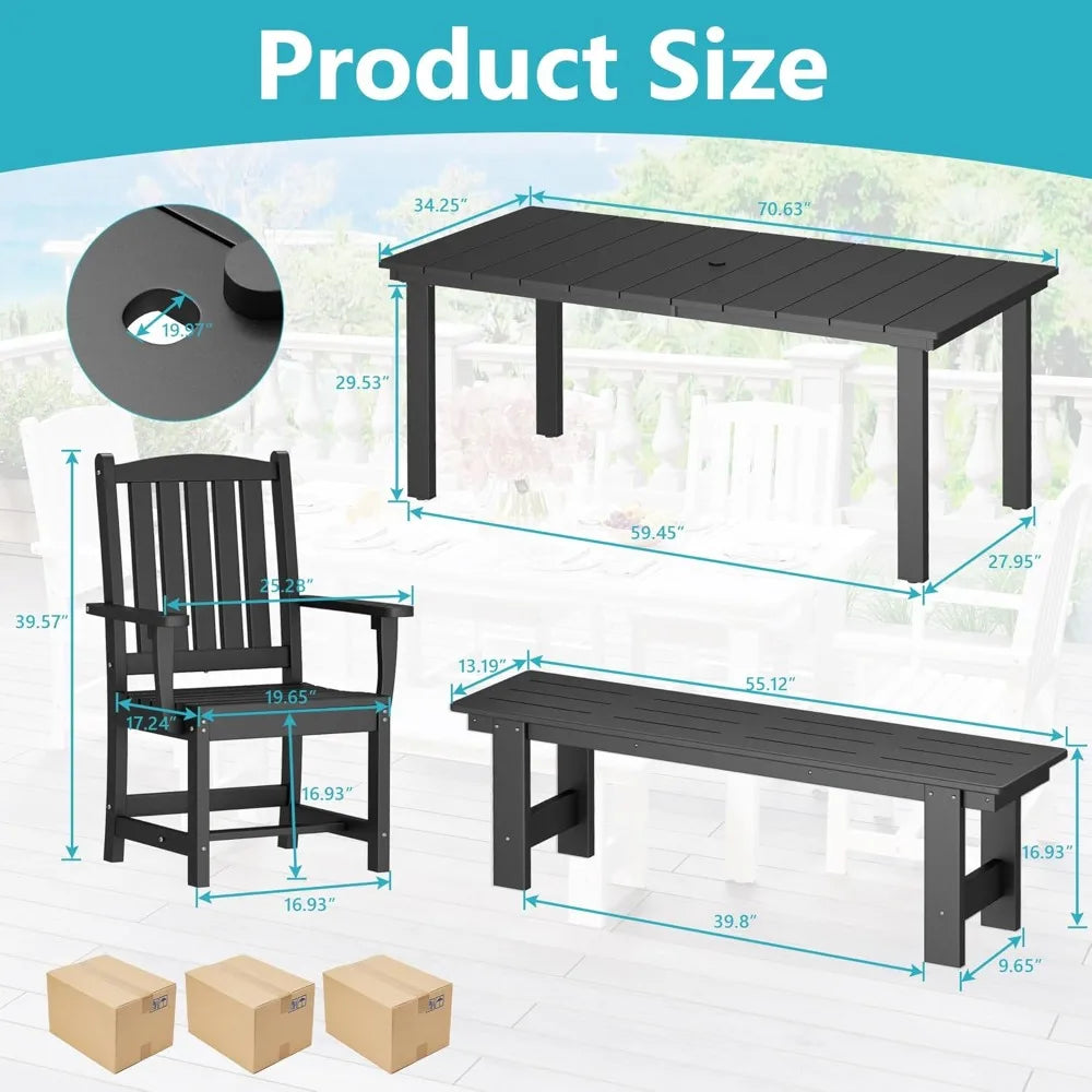5-Piece HDPE Outdoor Dining Set with 2 Chairs and 2 Benches, Rectangular Patio Dining Furniture Set of 6, Modern Dining Table