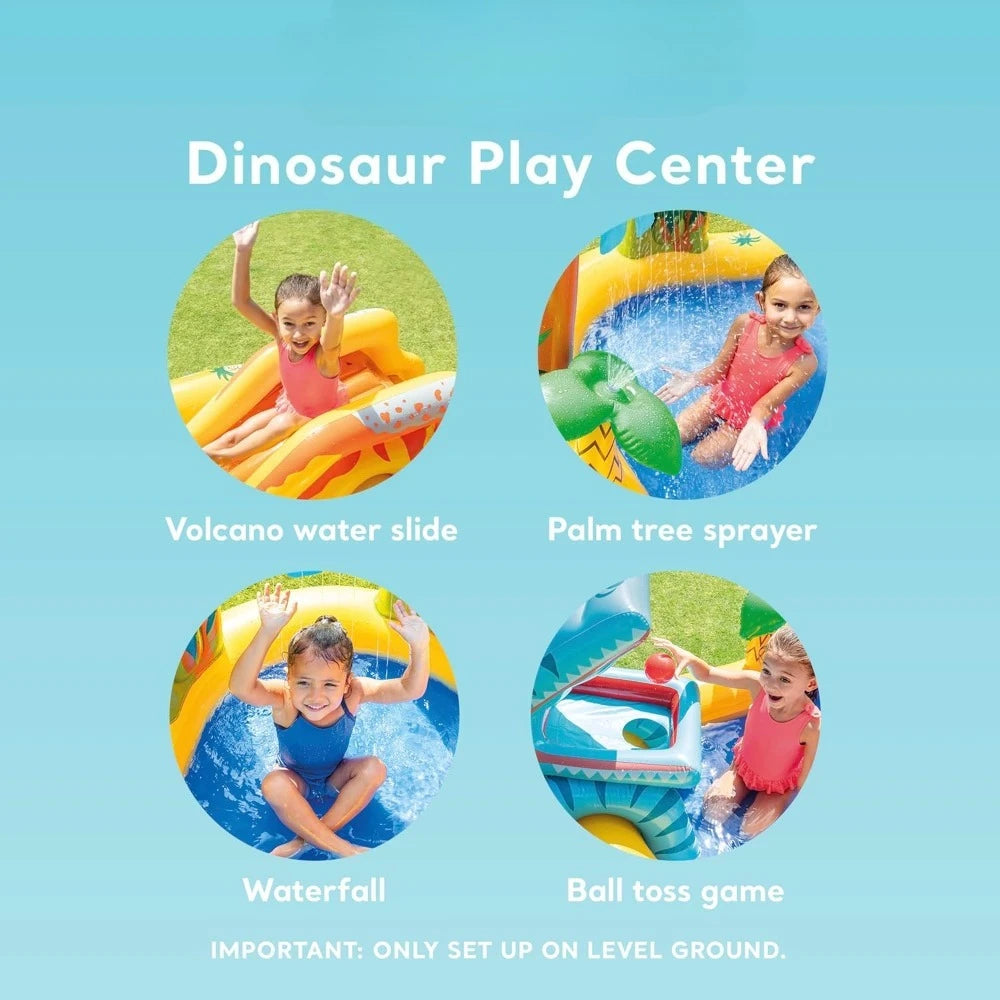 Inflatable Dinosaur Play Center Outdoor Playhouse Inflatable Water Park with Kid Pool Slide, Water Sprayer, Waterfall